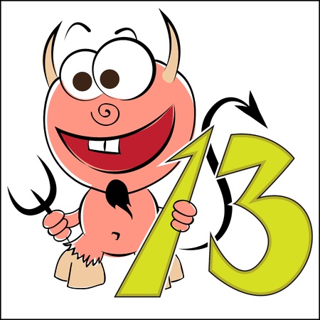 Cheerful devil with the number thirteen on a white backgroundのイラスト素材
