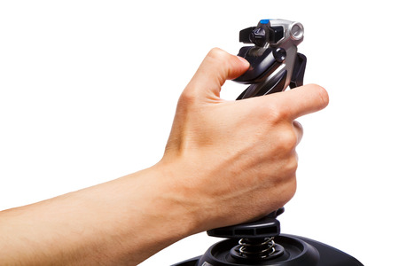 hand joystick control flight simulator on a white backgroundの写真素材
