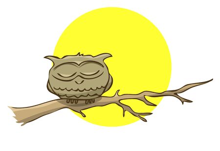 Sleeping owl sitting on a branch on a background of the full moon. Vector illustrationのイラスト素材