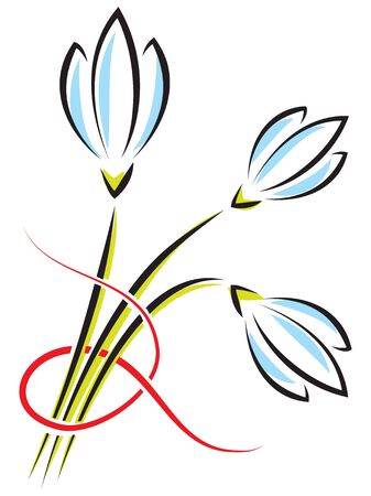 Vector bouquet of spring flowers on a white background. Crocuses or snowdrops with a red ribbonのイラスト素材