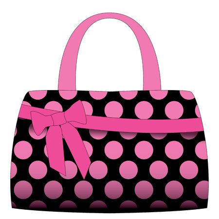 black handbag in pink polka dots on a white background