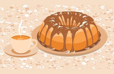 Vector. Cake with glaze and a cup of hot drinkのイラスト素材