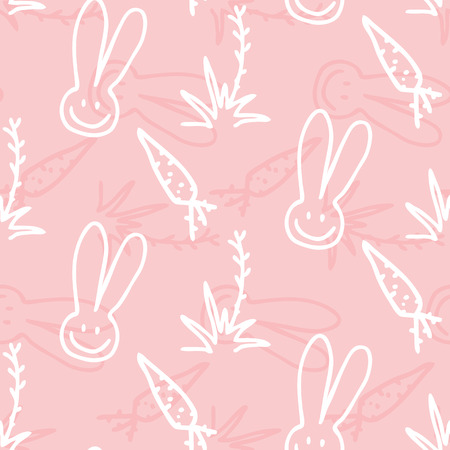 Vector pink Children seamless print pattern of rabbits, carrots and shrubsのイラスト素材
