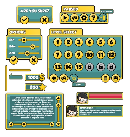 Set contains windows and user interface elements for creating 2d video gameのイラスト素材