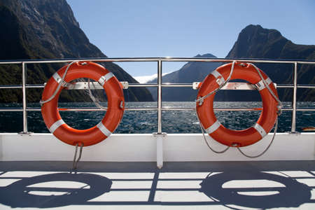 Rescue rings on upper deck boat, New Zealand, Southern Islandの写真素材