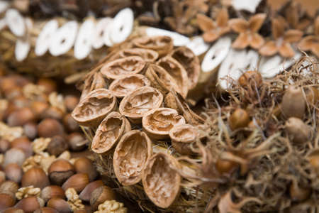 Close-up of handmade Christmas wreath made from desiccated nature products.の写真素材
