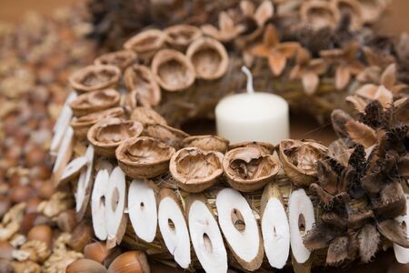 Close-up of handmade Christmas wreath made from desiccated nature products.の写真素材