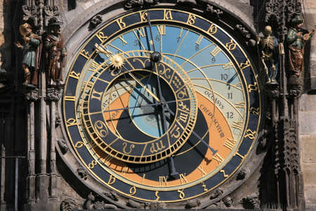 Unique clock on gothic tower supplemented with a round calendarium including the signs of the zodiac painted by Josef Manes (1865).の写真素材