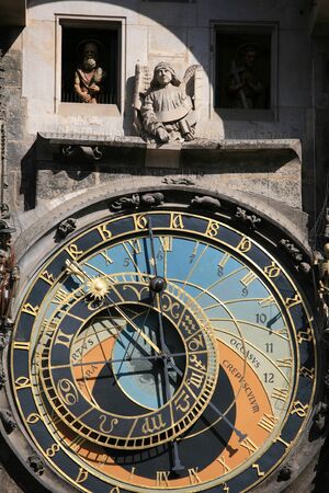 Unique clock on gothic tower supplemented with a round calendarium including the signs of the zodiac painted by Josef Manes (1865).の写真素材