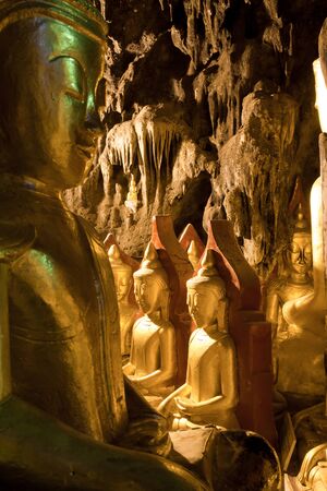 Cave with more than 800 golden Buddha statues. Pindaya, Shan state, Burma.のeditorial素材