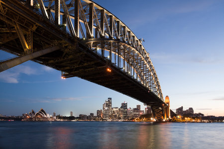 Harbor bridge in Sydney with downtown skyline at sunset.
