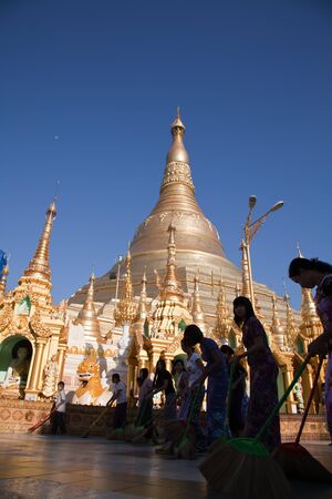 Interior of the biggest Buddhist temple Shwedagon pagoda, Rangoon, Burma.のeditorial素材