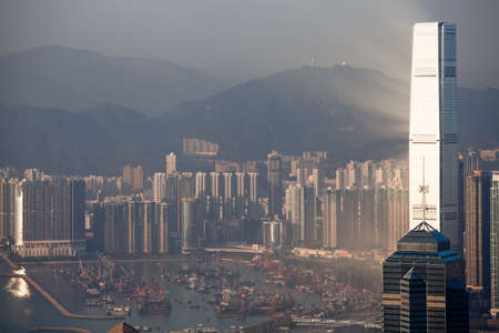 HONG KONG - FEBRUARY 1, 2013: Hong Kong downtown at sunset  on February 1st 2013.のeditorial素材