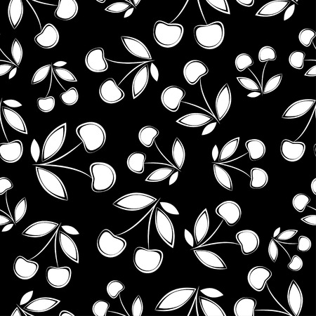 Chaotic black and white pattern of cherries. Silhouettes of cherries on a black background.のイラスト素材