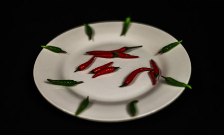 artistic decoration with fresh small red and green peppers on white plate, fresh vegetables, chili...