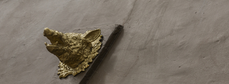 Beautiful decoration on the building, gold head boar, decoration on the brown facade, urban architectureの写真素材