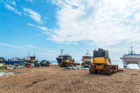 Fishing boats on the shore, pebble beach, wooden boats, fishing and tourist industry, seaside townの写真素材