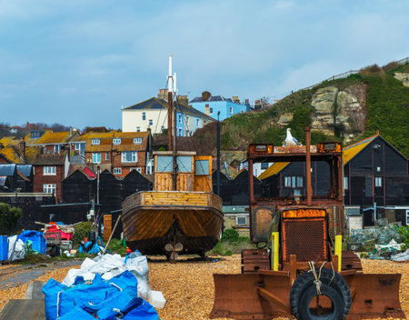 Fishing boats on the shore, pebble beach, wooden boats, fishing and tourist industry, seaside townの写真素材
