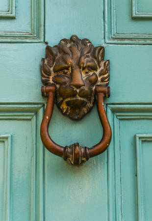 Door with brass knocker in the shape of a lion's head, beautiful entrance to the house, lion decorの写真素材