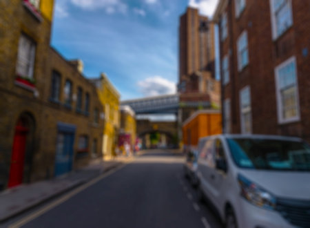 Abstract urban background with blurred buildings and street shallow depth of focus, London street, cityの写真素材