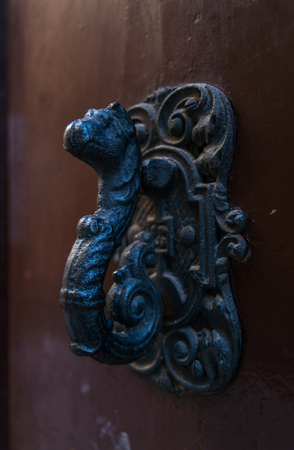 Door with brass knocker in the shape of a decor,  beautiful entrance to the house, vintage decorationの写真素材