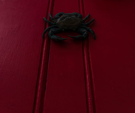 Brass crab knocker, knocker on red wooden door, decorative element, vintage