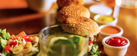 mini burgers with meat, vegetables, cheese and other toppings, bread sprinkled with sesame seeds,...