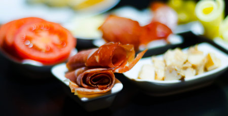 Set with different appetizers in small portions, healthy and delicious snacks, diet foodの写真素材