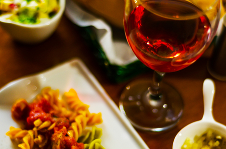 tasty dish with pasta, meat and sauce, Italian dish, fast and simple dish, lunch or dinnerの写真素材