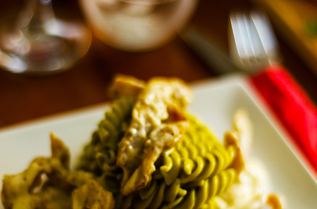 tasty dish with pasta, meat and sauce, Italian dish, fast and simple dish, lunch or dinnerの写真素材