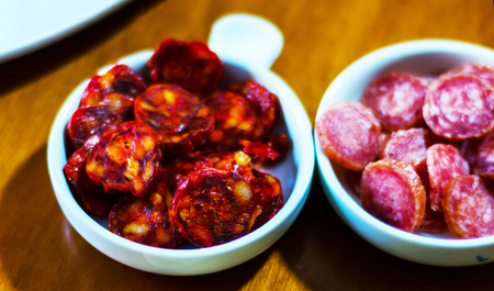 set of traditional Spanish sausages, side dishes of thinly sliced different chorizo, sets of meats, tasty mealの写真素材