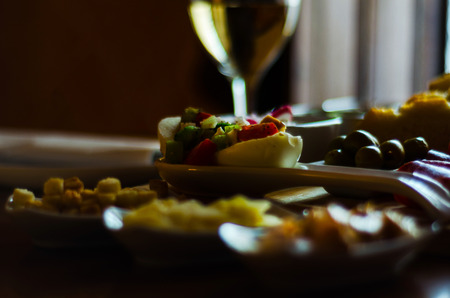 Set with different appetizers in small portions, healthy and delicious snacks, diet foodの写真素材