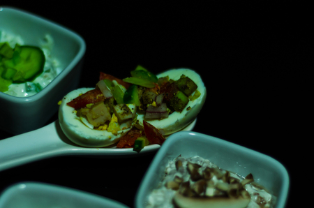 set of snacks with white cheese and cucumber, radish, mushroom, healthy and tasty snacks, breakfast setの写真素材