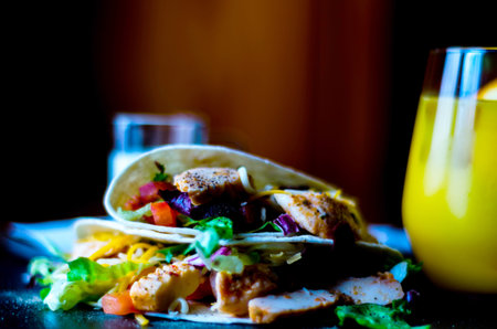 Tasty fresh wrap sandwich with meat, vegetables and cheese, delicious snack, healthy foodの写真素材