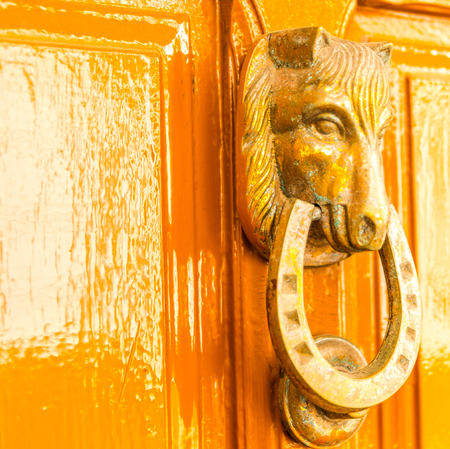 Door with brass knocker in the shape of a horse's head, beautiful entrance to the house, decorの写真素材
