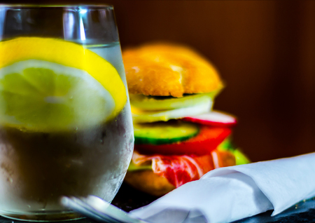 Mini grilled sandwich with various cold meats, cheese, mushrooms, tomato and egg, tasty and healthy snack, hot foodの写真素材