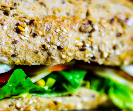 Whole grain sandwich with ham, tomato, mushrooms and egg, fresh organic vegetables, healthy foodの写真素材