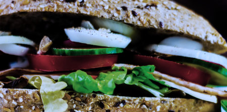 Whole grain sandwich with ham, tomato, mushrooms and egg, fresh organic vegetables, healthy foodの写真素材