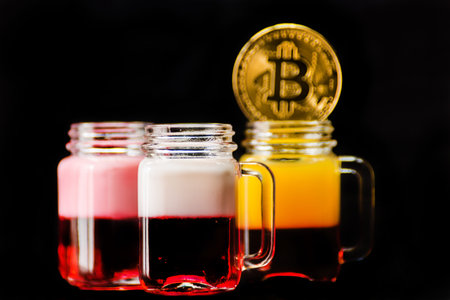 Crypto currency Gold Bitcoin, BTC, macro shot of Bitcoin coins with colour drink shot,  bitcoin and...