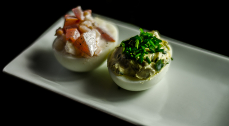 stuffed eggs with hand-made stuffing, healthy and tasty snack, easterの写真素材