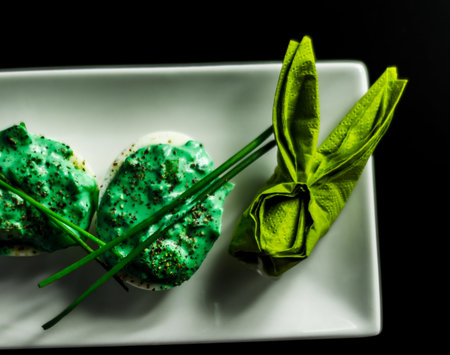 stuffed eggs with hand-made filling and bunny napkin, healthy and tasty snack, easter