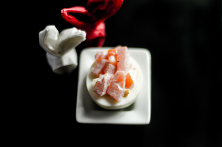 stuffed eggs with hand-made filling and bunny napkin, healthy and tasty snack, easterの写真素材