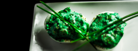 stuffed eggs with hand-made stuffing, healthy and tasty snack, easterの写真素材