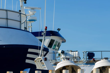 close-up on an item from a fishing boat, a cutter anchored in a port, sea industryの写真素材
