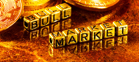 inscription bull market with Crypto currency Golden Bitcoin, BTC, macro-shot coin, bitcoin mining concept, financeの写真素材