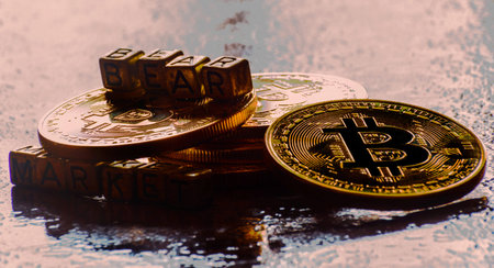 Inscription bear market with Crypto currency Golden Bitcoin, BTC, macro-shot coin, bitcoin mining...