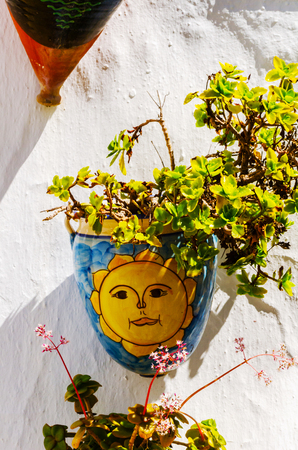 Ceramic flower pot with flowers hung on the wall, decorating the urban space, decorative streetの写真素材