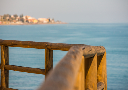 Wooden promenade along the sea coast situated on a cliff rock in Rincon de la Victoria, Costa del Sol, Andalucja, Spainの写真素材