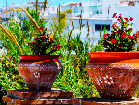 Beautiful ceramic flower pot on a pedestal with flowers, decoration of urban space,
outdoor decoration, decor streetの写真素材