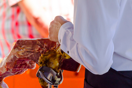 Leg jamon serrano prepared for slicing, traditional Spanish ham, meatの写真素材